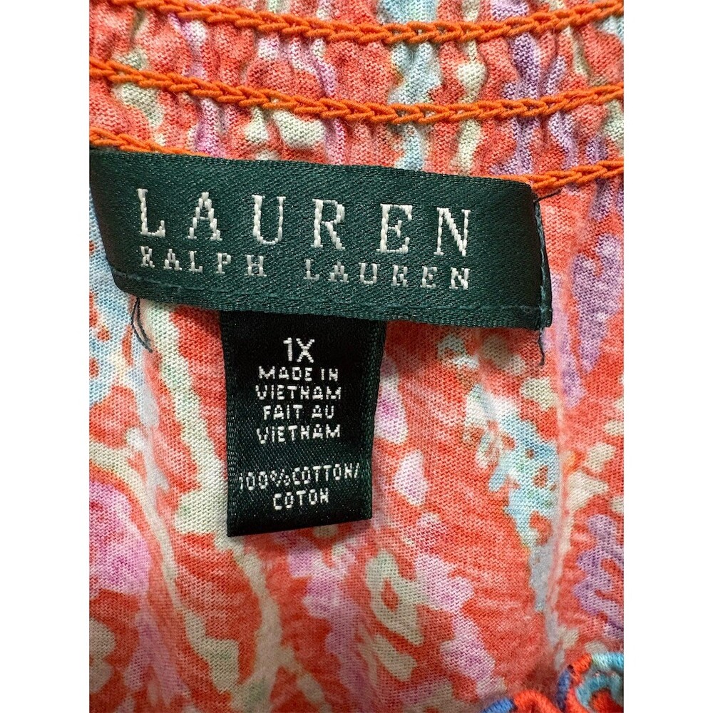 Lauren Ralph Lauren Blouse Womens 1X Orange Paisley Peasant Short Sleeve - Picture 5 of 6